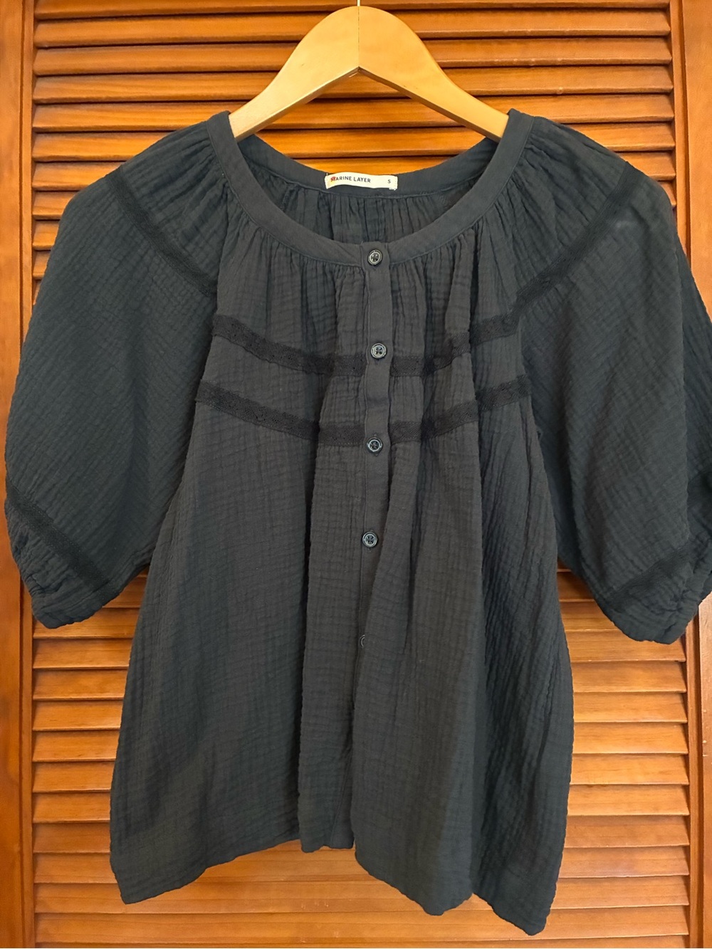 Marine Layer Black Gauze Button-Front Peasant Blouse